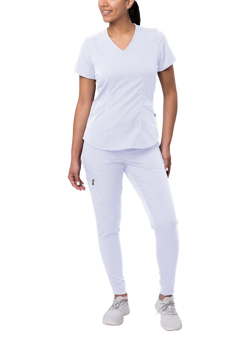 Adar Uniforms Adar Pro Athletic Scrubs Set For Women - Stretch V-Neck Scrub Top & Yoga Jogger Cargo Scrub Pants, 10 Pockets - P9500 - White - XS - Image 1